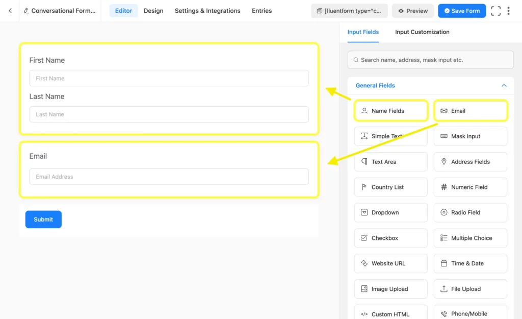 Adding input fields in Fluent Forms
